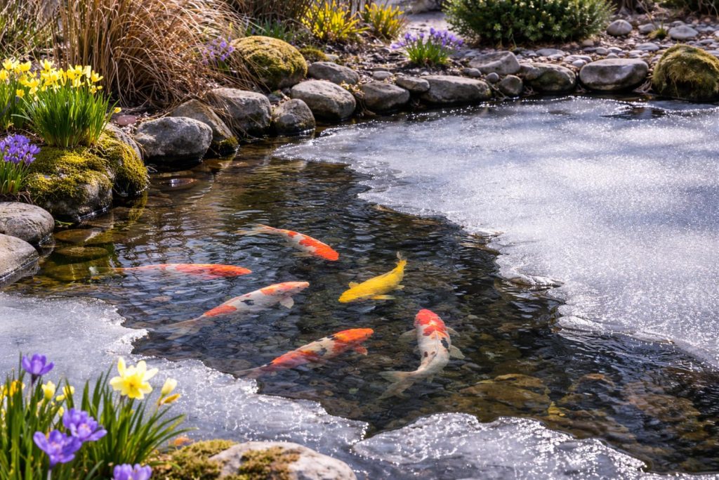 Koi simmar i trädgårdsdamm där isen håller på att släppa och våren närmar sig.